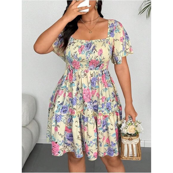 Plus Size Women's Boho Floral Ruffle Dress High Waisted A Line Vacation Wear - Picture 5 of 5